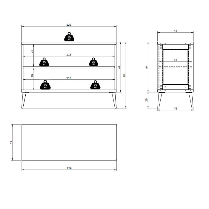 Wohnzimmer-Sideboard Modern, 120 x 45 x 84, Esche Creme