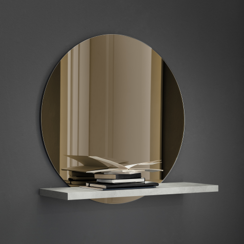 Specchiera Tonda Bronzata con Mensola Urban, 60 x 22, Cemento Chiaro
