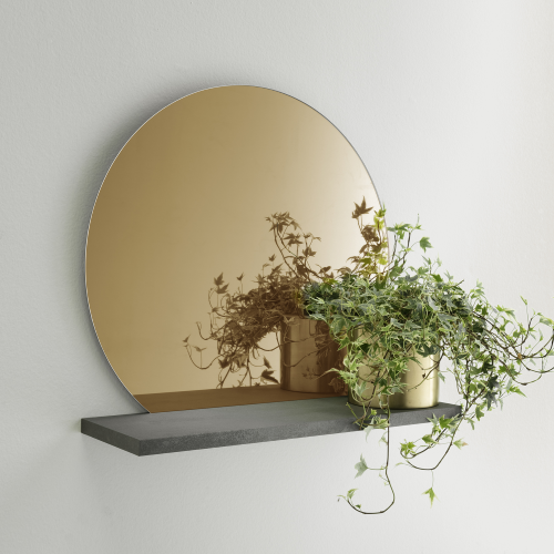 Specchiera Tonda Bronzata con Mensola Urban, 60 x 22, Cemento Scuro